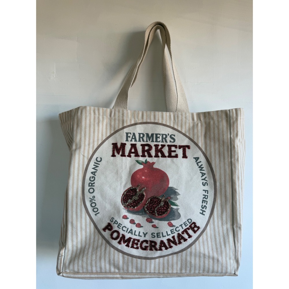 Farmers Market Pomegranate Beaded Canvas Tote Bag Striped Tan Shopper